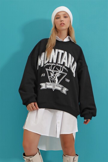 Siyah Bisiklet Yaka Yazı Baskılı Üç İplik İçi Polarlı Kolej Sweatshirt