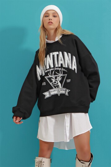 Siyah Bisiklet Yaka Yazı Baskılı Üç İplik İçi Polarlı Kolej Sweatshirt