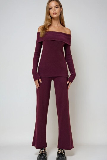 Bordo Madonna Yaka Kaşkorse Bluz Ve Pantolon Takım