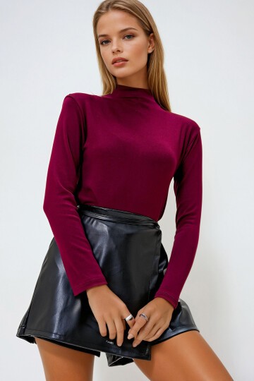 Bordo Yarım Balıkçı Yaka Modal Bluz