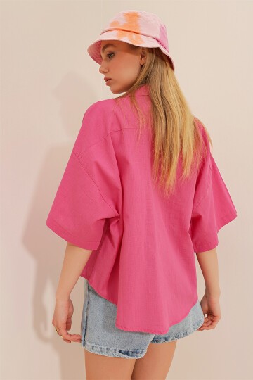Pembe Çift Cepli Yarım Kol Keten Gömlek