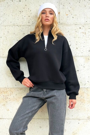 Dik Yaka Fermuarlı İçi Şardonlu 3 İplik Crop Sweatshirt