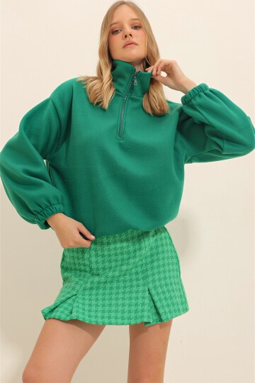 Dik Yaka Fermuarlı Polar Sweatshirt