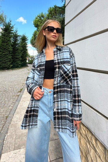 Mavi Siyah Ekose Desenli Kaşe Pamuklu Oversize Safari Ceket Gömlek