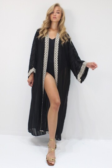 Siyah Etnik Nakış İşlemeli Kemerli Uzun Kimono