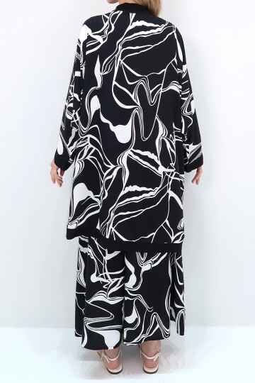 Geometrik Desenli Yazlık Oversize Kimono Basic Bluz Ve Palazzo Pantolon Takım