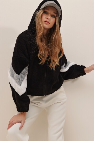 Siyah-Gri Kapüşonlu Fermuarlı Kolları Renk Bloklu Oversize Peluş Sweatshirt
