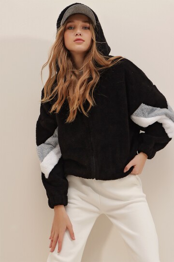 Siyah-Gri Kapüşonlu Fermuarlı Kolları Renk Bloklu Oversize Peluş Sweatshirt