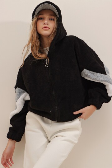 Siyah-Gri Kapüşonlu Fermuarlı Kolları Renk Bloklu Oversize Peluş Sweatshirt