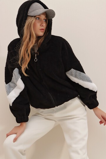 Siyah-Gri Kapüşonlu Fermuarlı Kolları Renk Bloklu Oversize Peluş Sweatshirt