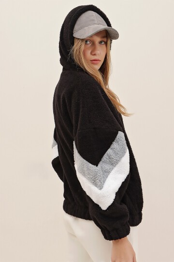 Siyah-Gri Kapüşonlu Fermuarlı Kolları Renk Bloklu Oversize Peluş Sweatshirt