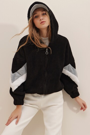 Siyah-Gri Kapüşonlu Fermuarlı Kolları Renk Bloklu Oversize Peluş Sweatshirt