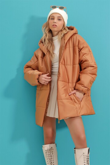 Kapüşonlu Fleto Cepli Puffer Fashion Oversize Şişme Mont