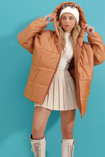 Kapüşonlu Fleto Cepli Puffer Fashion Oversize Şişme Mont