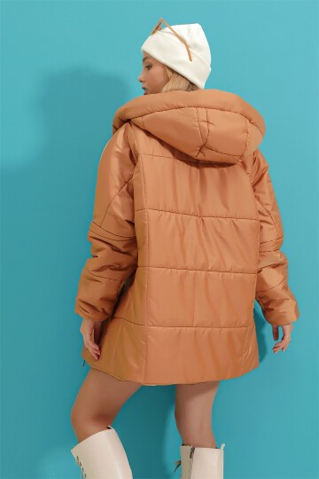 Kapüşonlu Fleto Cepli Puffer Fashion Oversize Şişme Mont