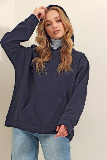 Lacivert Kapüşonlu Kanguru Cepli 3 İplik Kalın Sweatshirt