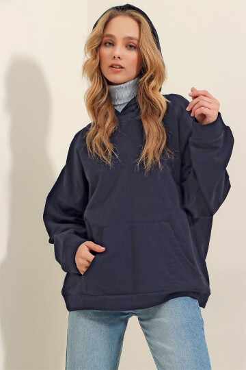 Lacivert Kapüşonlu Kanguru Cepli 3 İplik Kalın Sweatshirt