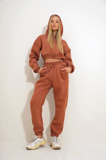 Kiremit Kapüşonlu Sweatshirt Ve Beli Lastikli Pantolon Alt Üst Takım