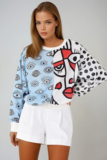 Mavi Dijital Baskılı Sweatshirt