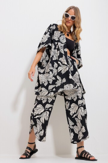 Siyah Palazzo Pantolon Ve Desenli Dokuma Viskon Kimono Takım