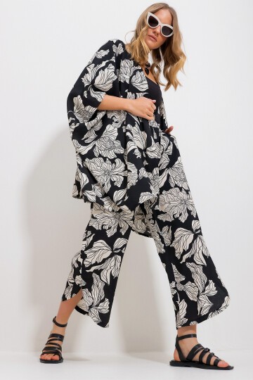 Siyah Palazzo Pantolon Ve Desenli Dokuma Viskon Kimono Takım