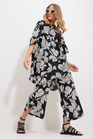 Siyah Palazzo Pantolon Ve Desenli Dokuma Viskon Kimono Takım