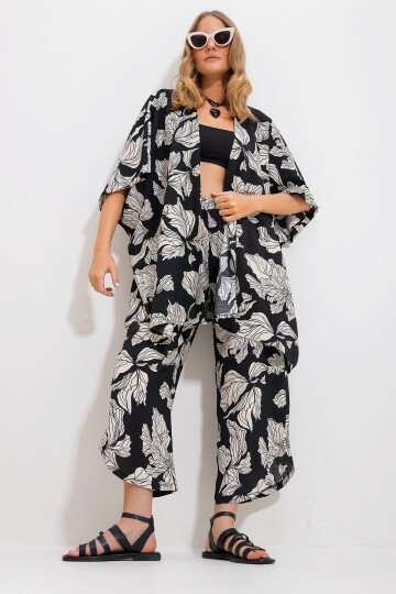 Siyah Palazzo Pantolon Ve Desenli Dokuma Viskon Kimono Takım