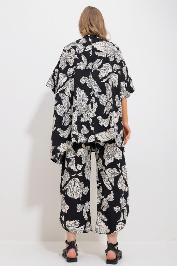 Siyah Palazzo Pantolon Ve Desenli Dokuma Viskon Kimono Takım