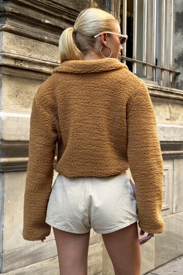Polo Yaka Çift Cepli Çıtçıt Kapamalı Crop Peluş Ceket