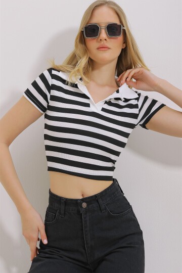 Siyah Polo Yaka Çizgili Crop Bluz