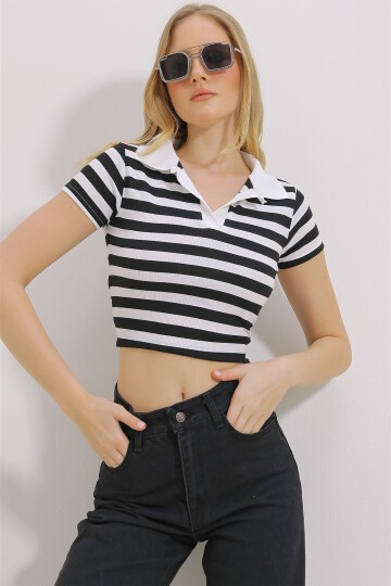 Siyah Polo Yaka Çizgili Crop Bluz