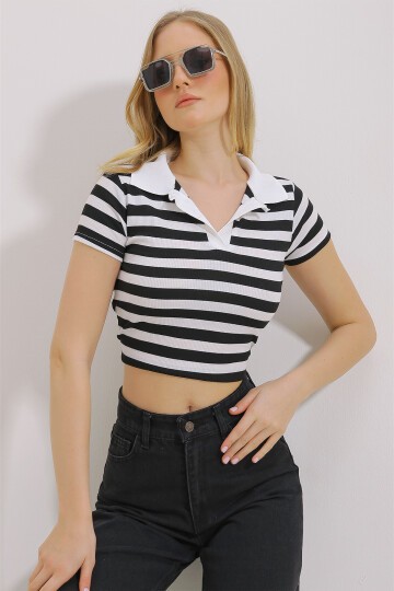 Siyah Polo Yaka Çizgili Crop Bluz
