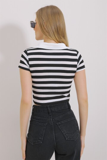 Siyah Polo Yaka Çizgili Crop Bluz
