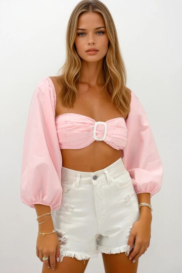 Poplin Sırtı Gipeli Toka Detaylı Prenses Kol Crop Bluz
