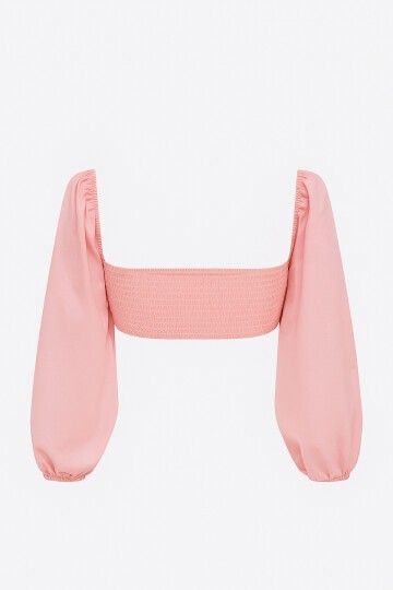 Poplin Sırtı Gipeli Toka Detaylı Prenses Kol Crop Bluz