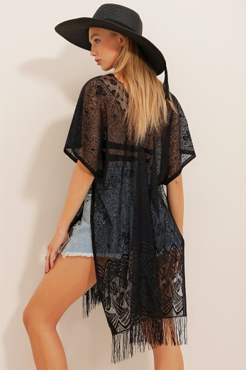 Siyah Püsküllü Plaj Üstü Dantel Kimono