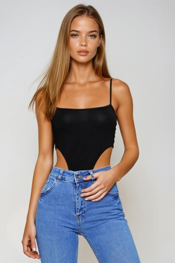 Siyah İp Askılı Çıtçıtlı Body