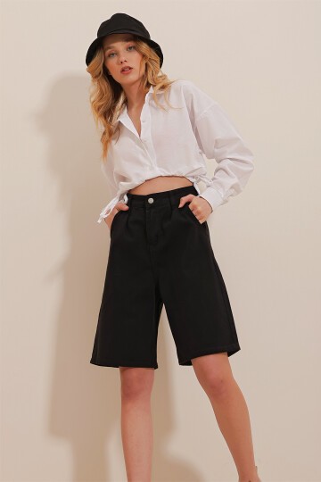 Siyah Yüksek Bel Wide Leg Bermuda Denim Şort
