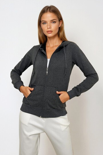 Antrasit Kapüşonlu Çift Cepli Fermuarlı Oversize Sweatshirt