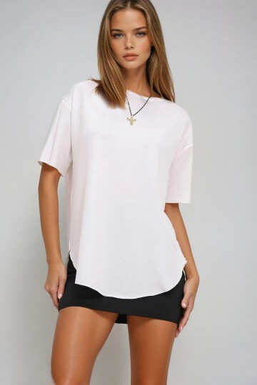 Beyaz Bisiklet Yaka Oval Kesim Modal T Shirt