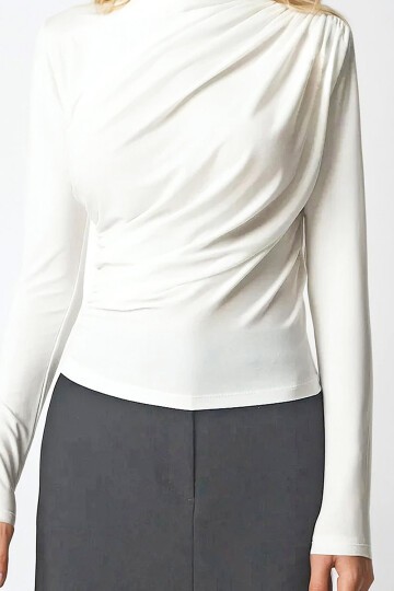 Beyaz Dik Yaka Omzu Drapeli Sandy Crop Bluz