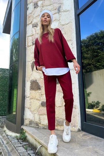Bisiklet Yaka Renk Garnili Bluz Ve Çift Cepli Nervür Dikişli Pantolon İkili Takım