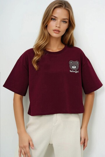 Bordo Bisiklet Yaka Ayıcık Motifli Oversize Crop T Shırt