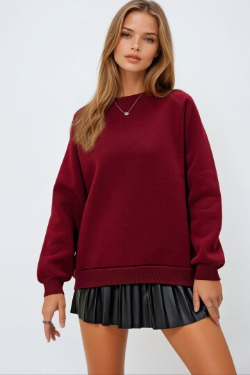 Bordo Bisiklet Yaka Reglan Kol Üç İplik Şardonlu Basic Sweatshırt