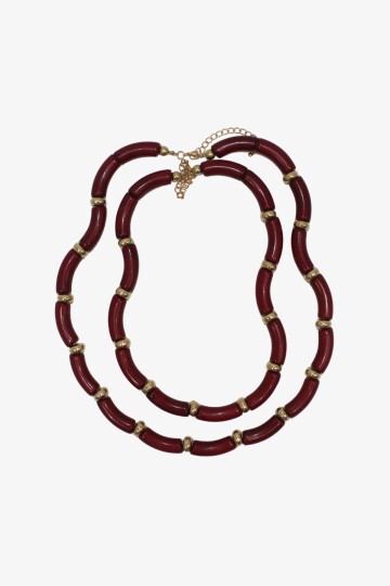 Bordo Gold Detaylı Kemikli İkili Kolye Seti