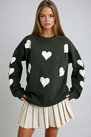 Ceviz Yeşili Bisiklet Yaka Kalp Baskılı 2 İplik Oversize Sweatshırt