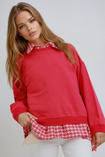Fuşya Bisiklet Yaka Oversize Basic Sweatshirt