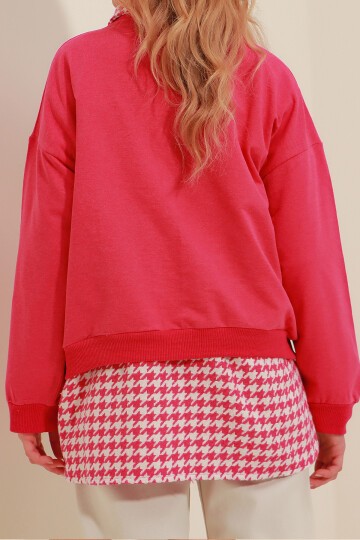 Fuşya Bisiklet Yaka Oversize Basic Sweatshirt