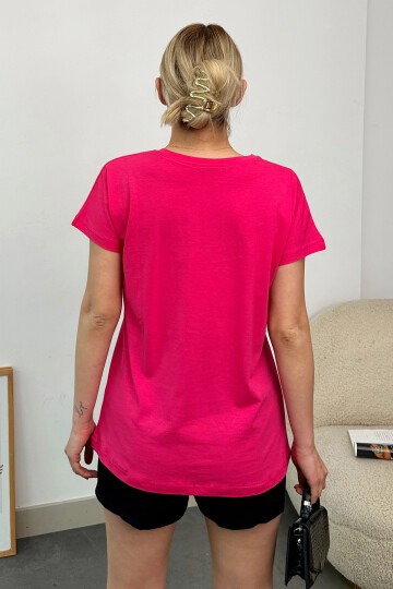 Fuşya V Yaka Basic T Shirt