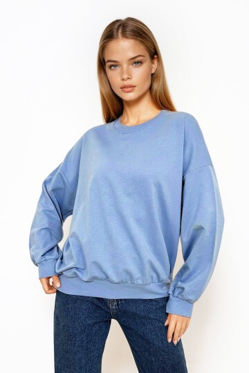 Gök Mavi Bisiklet Yaka Oversize Mevsimlik Basic Sweatshirt